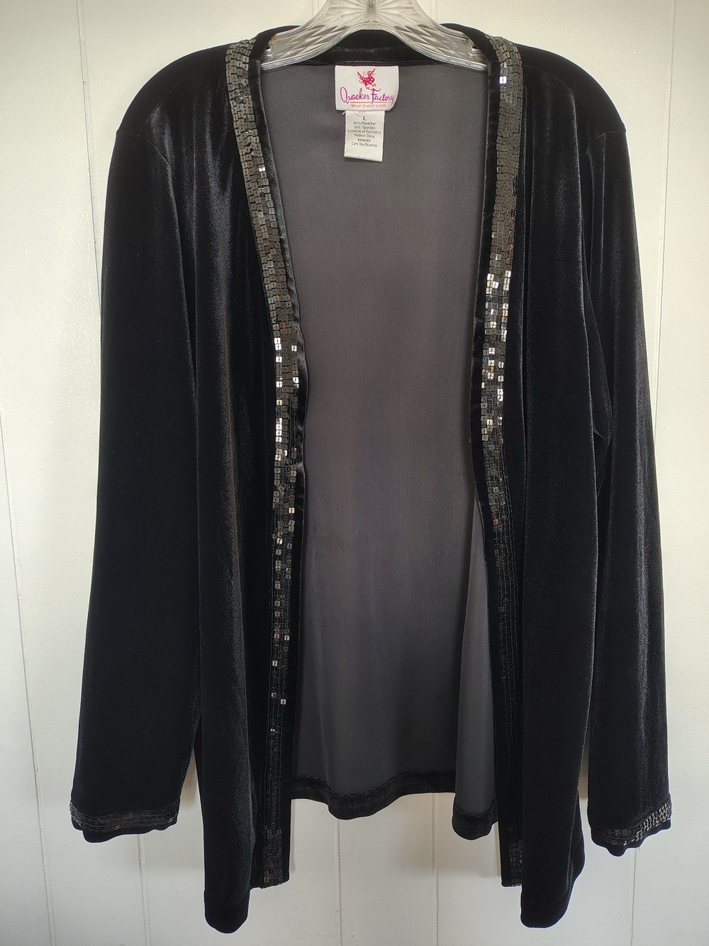 Quacker Factory Women's Black Velvet Open-Front Jacket with Sequined Trim